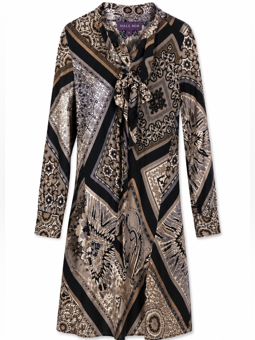 Hale Bob Neutral Paisley Silk Blouse with Tie Neck